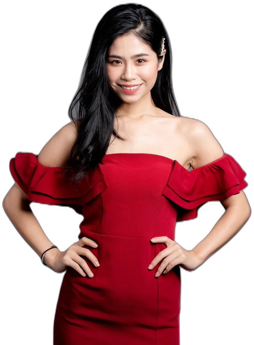 沈心亦 Tia 身著紅色荷葉單肩禮服